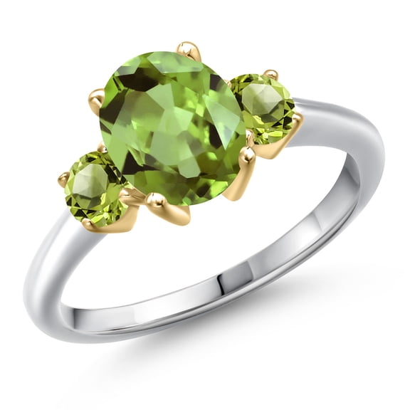 Gem Stone King 10K Two Tone Gold Green Peridot 3-Stone Engagement Ring for Women | 2.70 Cttw | Oval 9X7MM | Gemstone August Birthstone (Size 8)