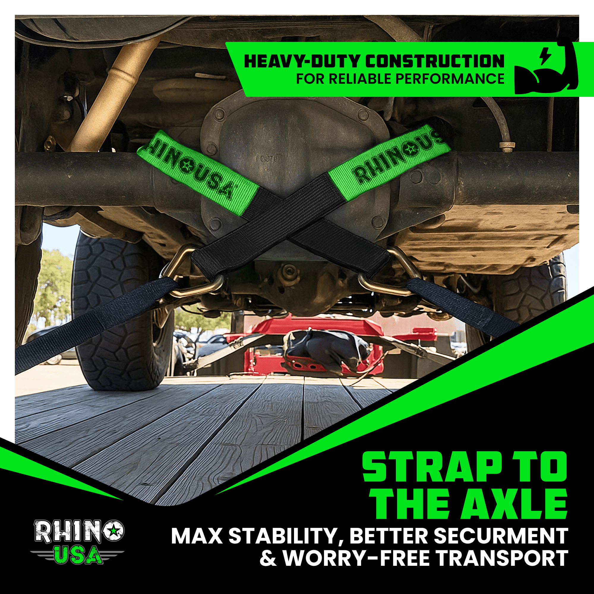 Rhino USA Axle Tie Down Straps - 11,128lb. Break Strength - Protective Sleeves & D Rings (4 Pack)