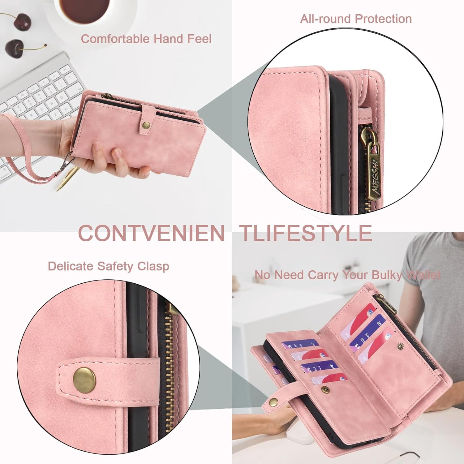 for Samsung Galaxy S21 5G Wallet Case, Detachable PU Leather Magnetic flip Phone Case Wallet with Card Holder Wrist Strap Zipper Wallet for Women/Men, S21 5G Phone Case 6.2inch(Pink)