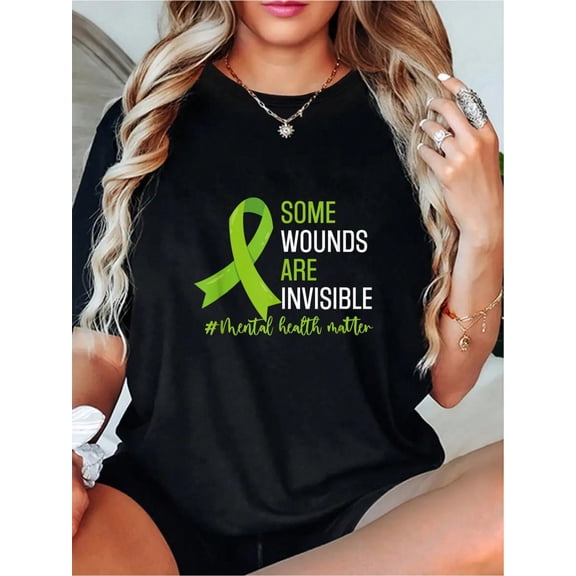 100% Cotton Printed Round Neck Short Sleeve T-Shirt Some Wounds Are Invisible Mental Health Awareness Month T-Shirt