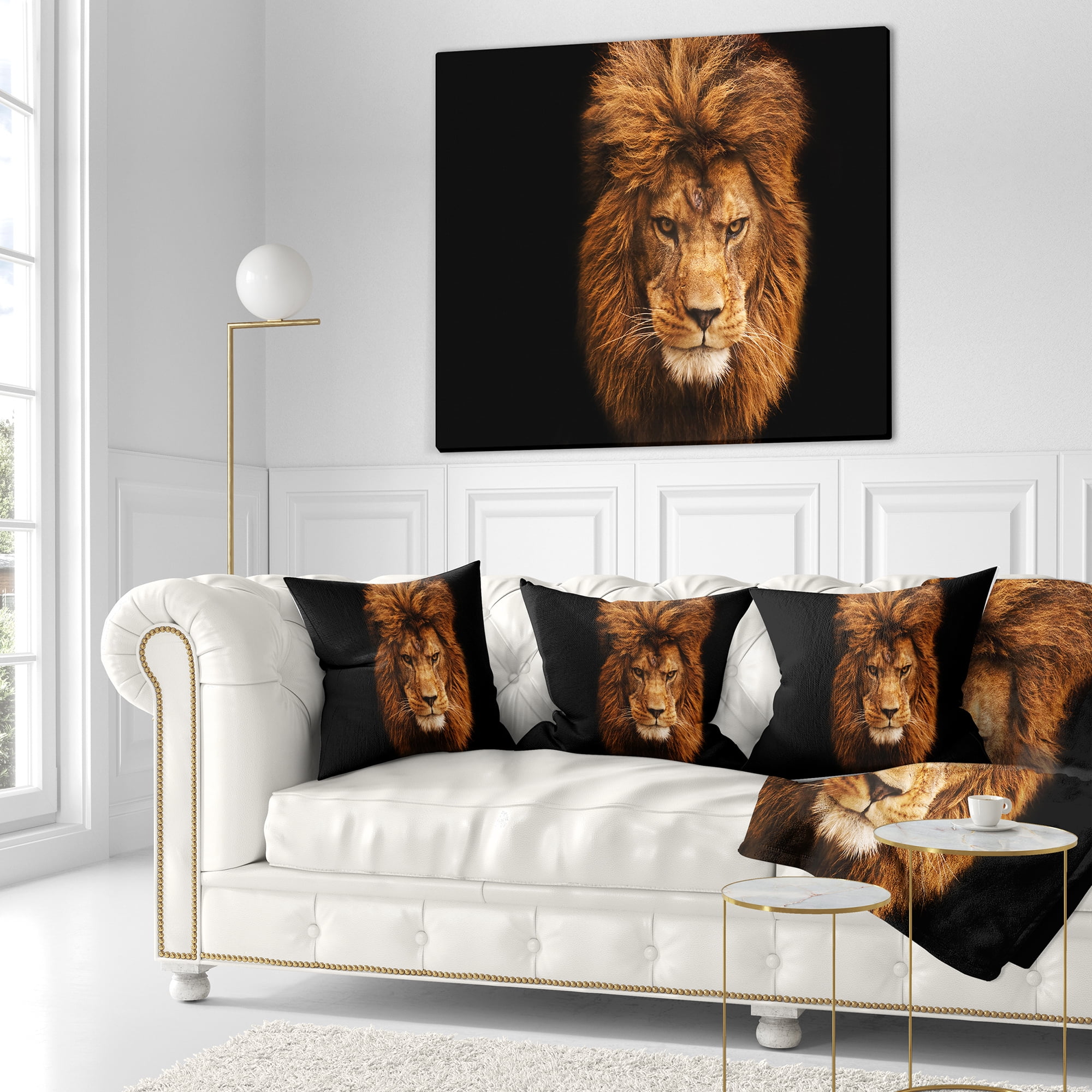 Designart Face of Male Lion on Black - Abstract Throw Pillow - 18x18