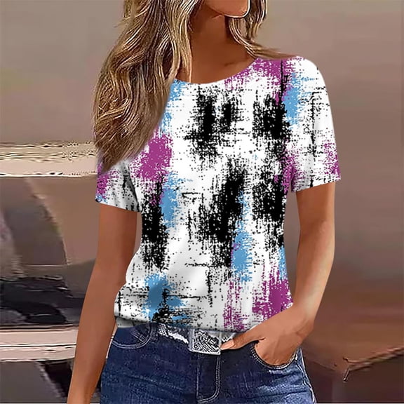 Yotami Plus Size Graphic Tee for Women Short Sleeve Summer Blouses for Everyday Floral Print Round Neck Comfortable Top Purple M