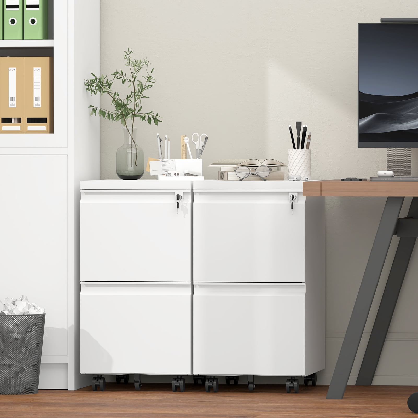Marcree Filing Cabinet 2 Drawer,Metal Filing Cabinet with Lock,Under Desk Storage Cabinet with Wheels,Rolling File Cabinet for Legal/Letter File,White