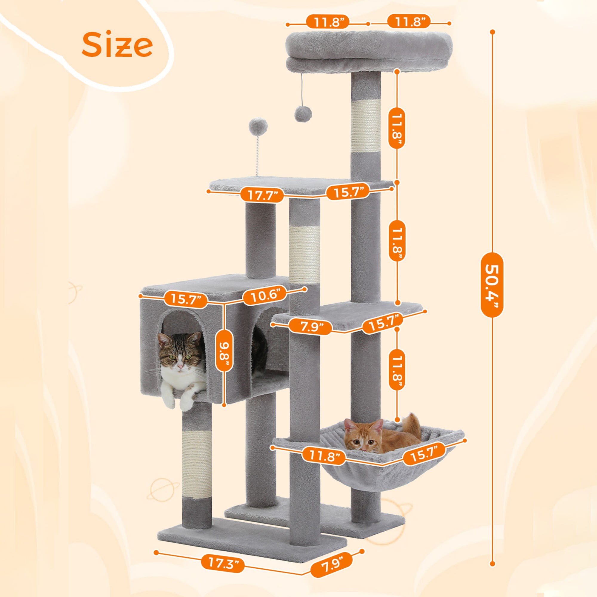 resenkos 50" Multi-Level Cat Tree Tower with Hammock, 2 Perches, Scratching Posts, Cat Condo for Indoor Cats Kittens Tree House, Gray