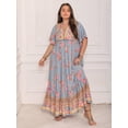 thumbnail image 4 of Dusty Blue Bohemian Plus Size Floral V-Neck Loose Maxi Dress For Summer Beach Holiday Party, 4 of 8