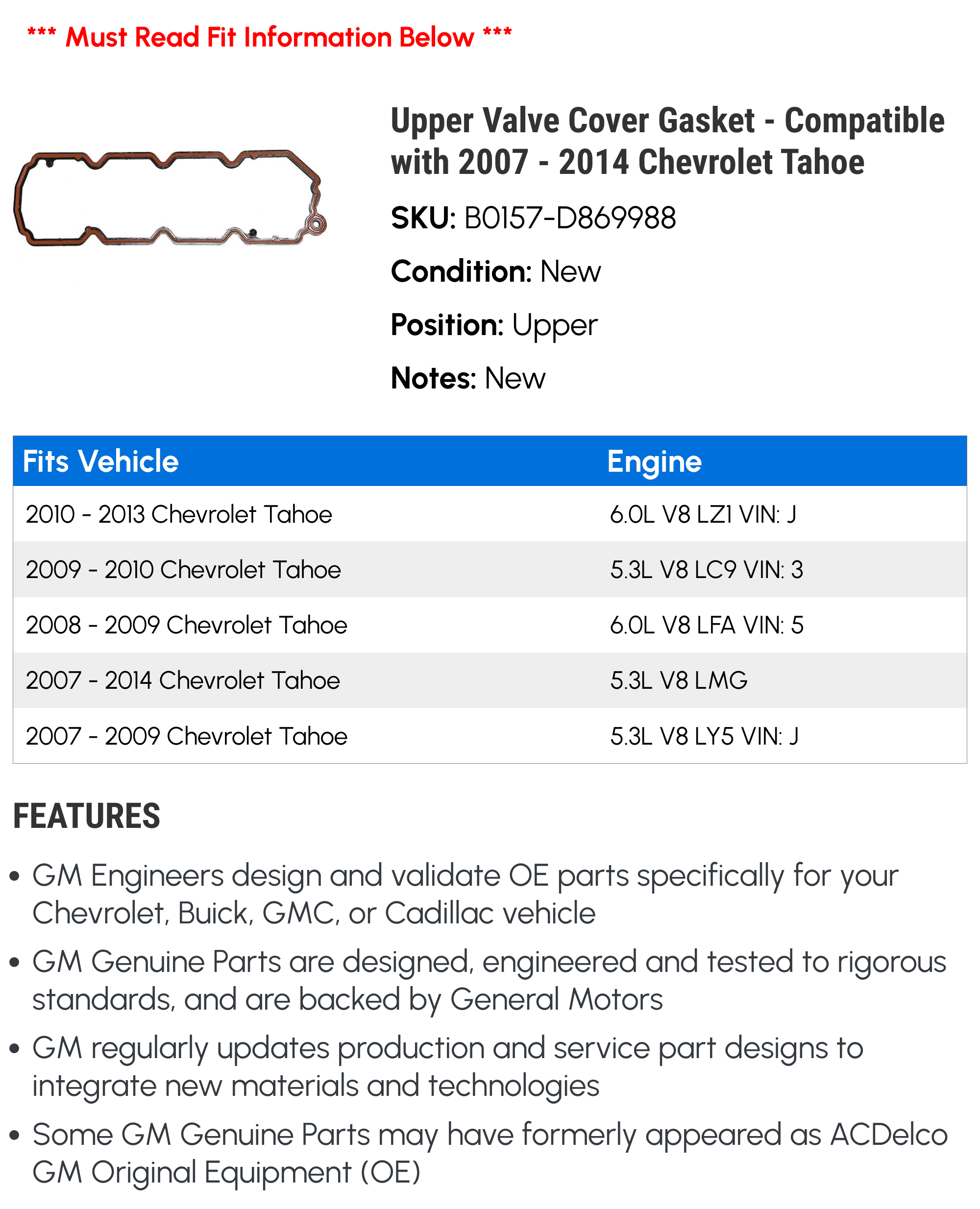 Upper Valve Cover Gasket - Compatible with 2007 - 2014 Chevy Tahoe 2008 2009 2010 2011 2012 2013