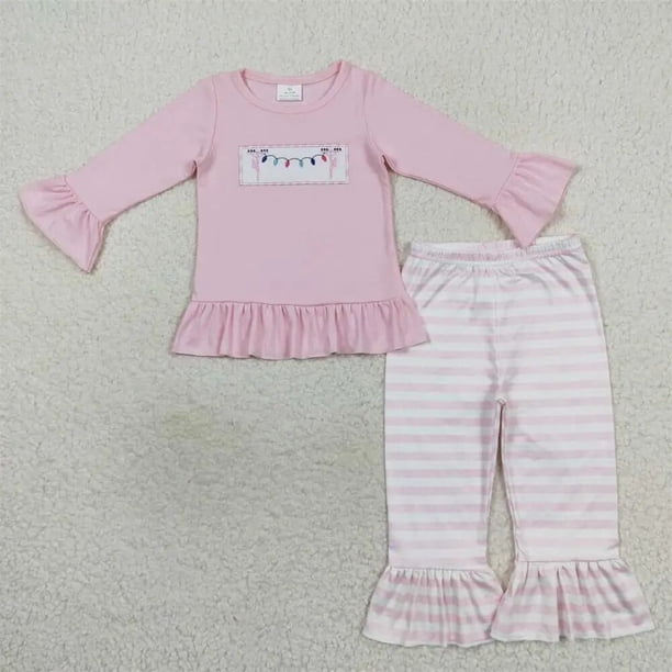 Venta al por mayor, traje de pastel de Papá Noel de Navidad para bebés, conjunto de bordado para niños, pantalones a rayas de manga larga, ropa de dormir para niños, pijamas para niños pequeños