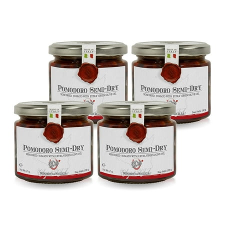 Frantoi Cutrera Semi-Dried Cherry Tomatoes in EVOO - 6.7 oz, 4 Pack, Italian Pomodorino Semi Secco. In extra virgin olive oil with garlic and basil. Ideal for bruschetta, pasta, and starters.