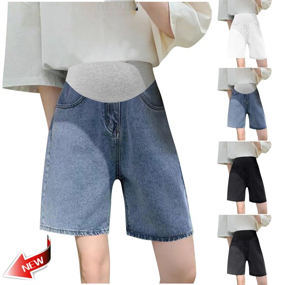 Taqqpue Women's Materntiy Denim Shorts Over The Belly Comfy Stretch Bermuda Jean Shorts Comfy Summer Solid Color Pregnancy Shorts