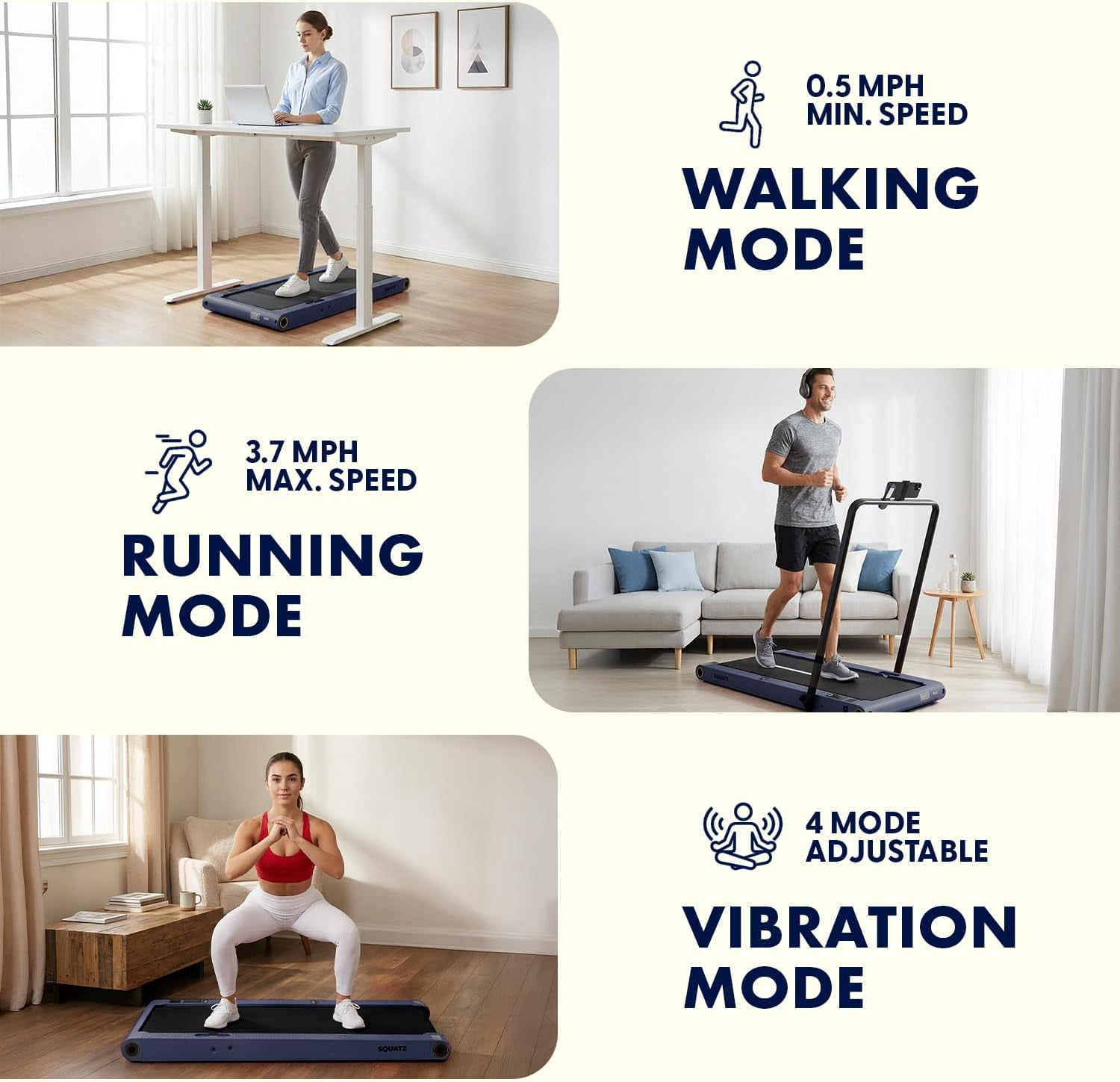 Squatz 2‑in‑1 Walking Pad Treadmill with Handlebar & Vibration Plates - Compact Walking Pad with LED Display, Device Holder, Quiet 1.0HP Motor & Remote for Home or Office Fitness (Blue)