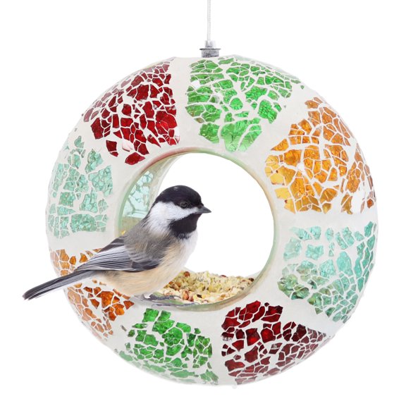 Sunnydaze Mosaic Glass Fly-Through Hanging Bird Feeder, 1-Cup Capacity, Summer Mosaic
