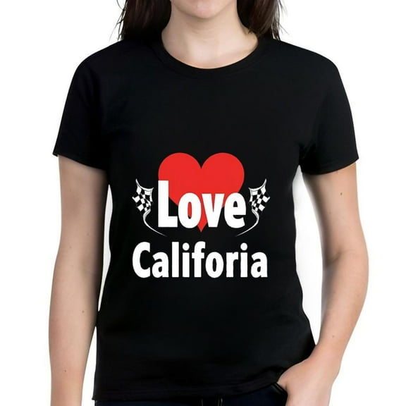 Women's Cotton Short Sleeve T-Shirt - Love California Design with Red Heart & Checkered Flags