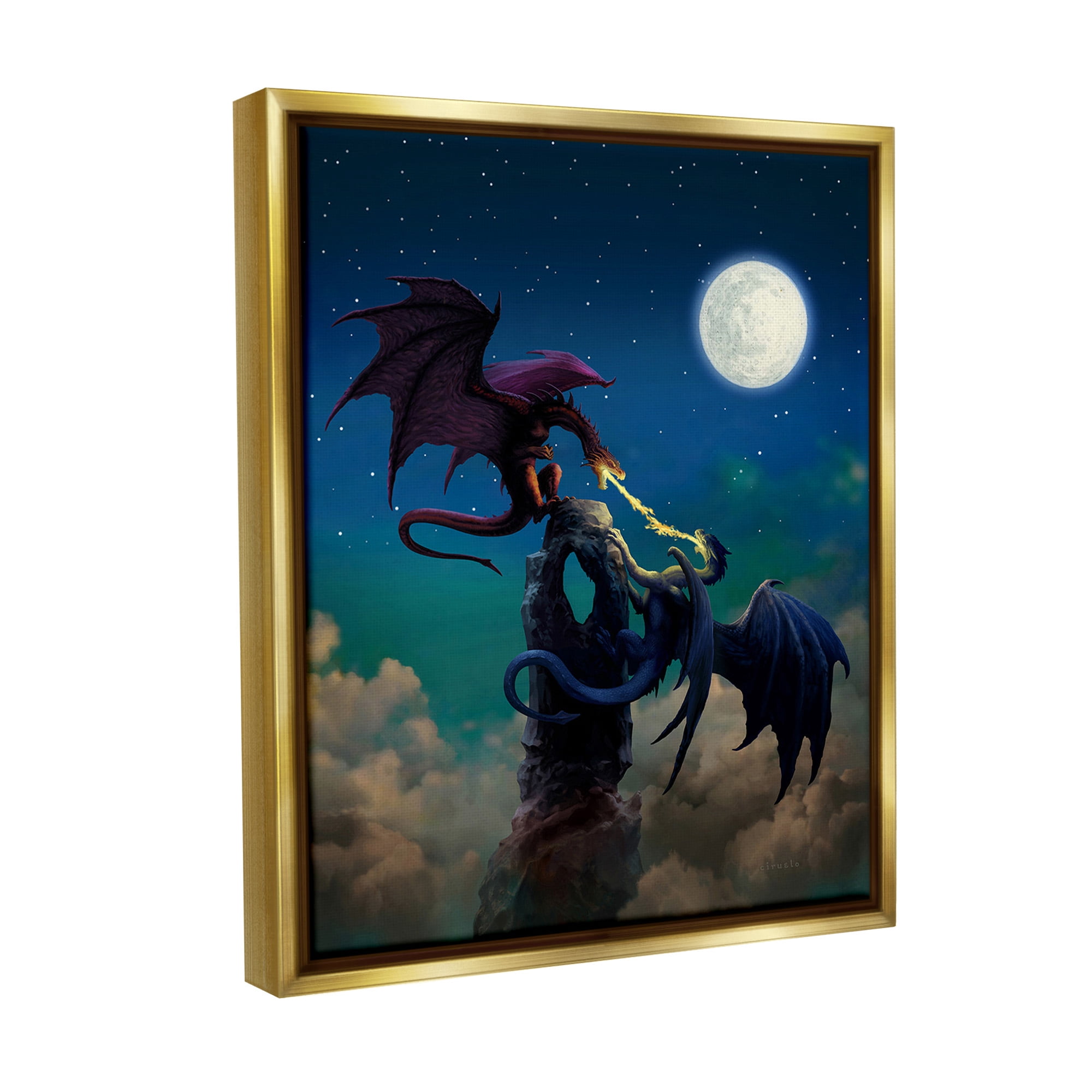 Stupell Industries Battling Dragons at Night Fairy Tales & Fantasy Painting Gold Floater Framed Canvas Art Print Wall Art, 25 x 31