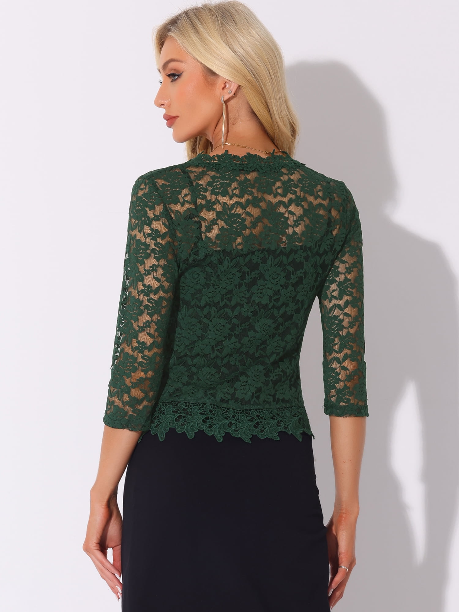 DARING DIVA Women's Floral Lace Shrugs Evening 3/4 Sleeves Formal Bolero Cardigan M Dark Green