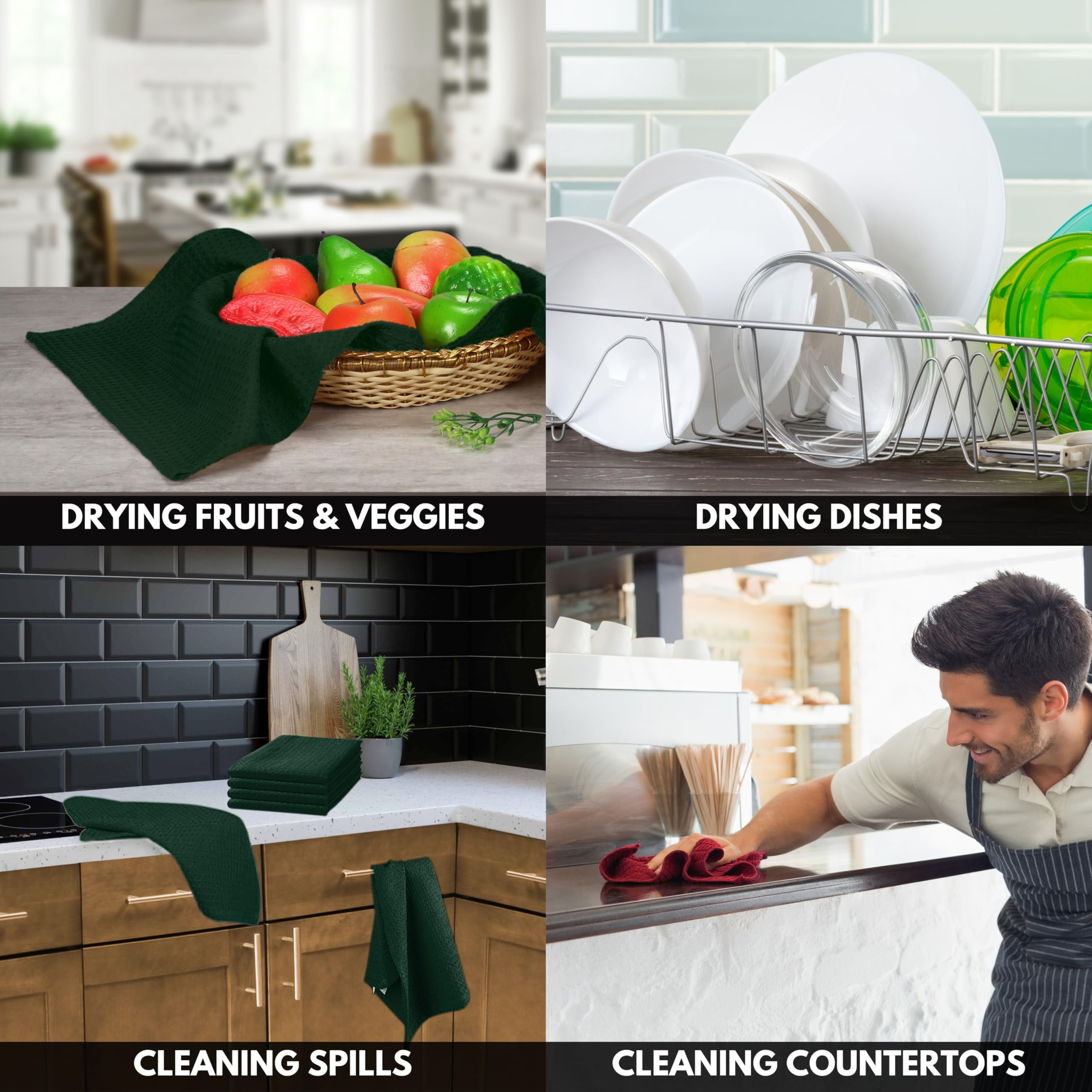 Softopia Cotton Forest Green Kitchen Dish Towels Set of 12-100% Cotton Waffle Weave, Super Absorbent, Soft, Quick Drying, 16x26 Inches, Ideal for Cleaning, Bar, Tea, and Everyday Use, Olive Green