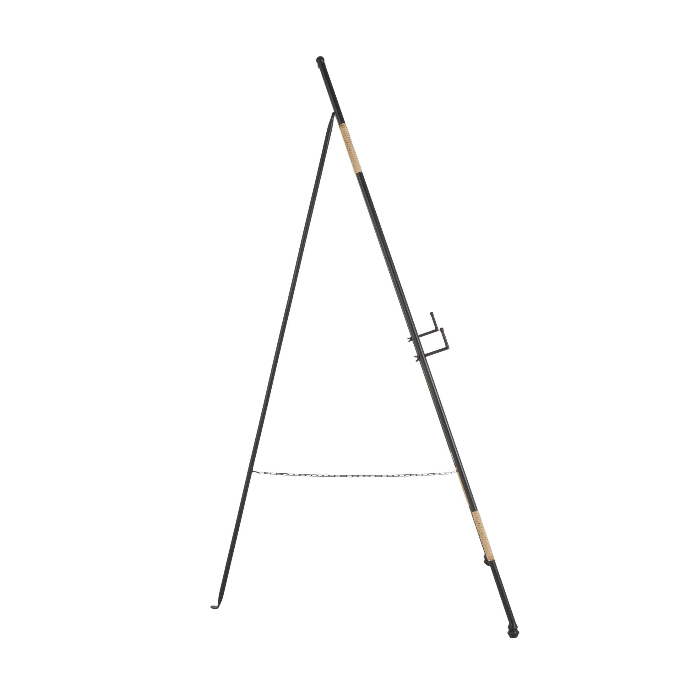 DecMode 22" x 54" Black Metal Slim Foldable Floor 2 Tier Easel with Wrapped Rattan Accents, 1-Piece