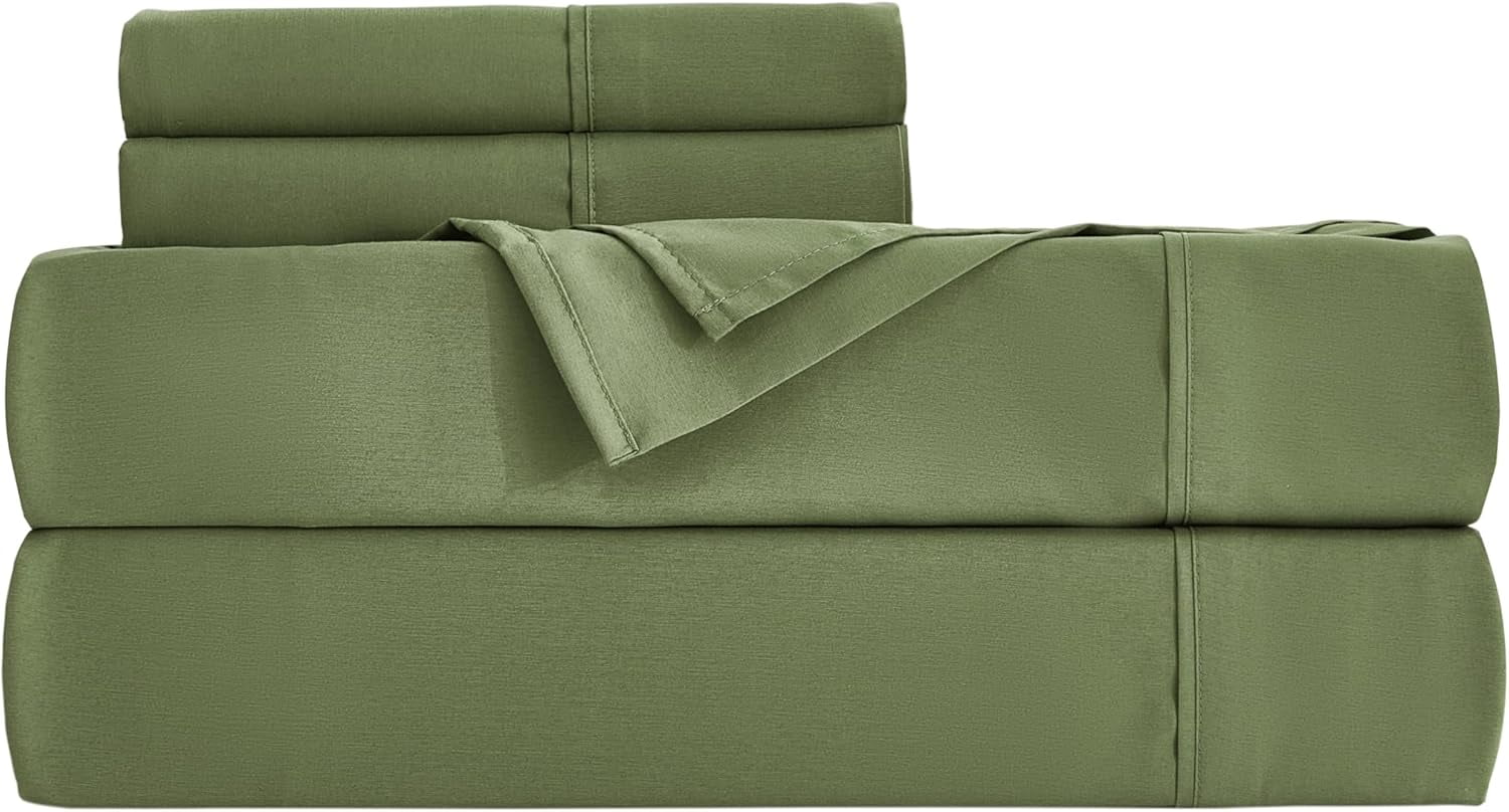 Chezmoi Collection 4-Piece Stone Washed California King Sheet Set, Rayon Derived from Bamboo & Polyester Blended, Breathable & Cooling 15-Inches Deep Pocket Sheets & Pillowcases Set, Olive Green