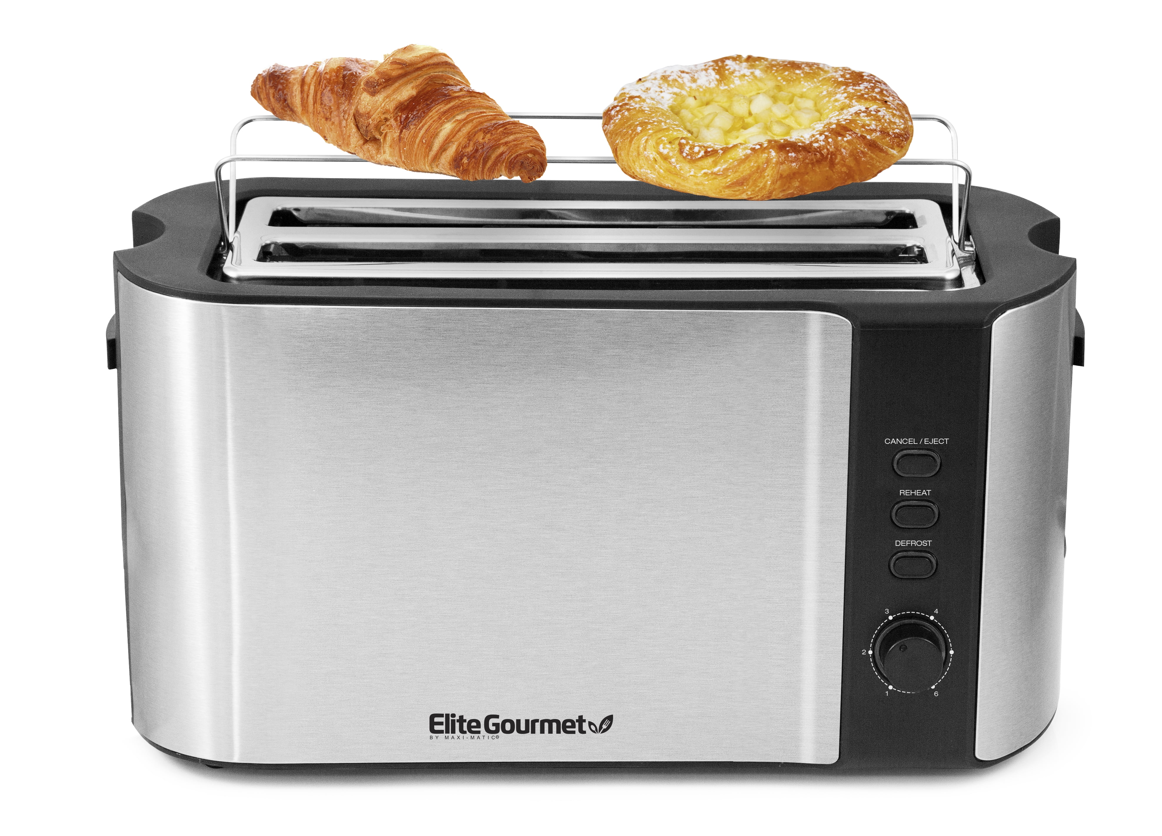 4 Slice 1300 Watts Silver & Black Specialty Breads Reheat Cancel & Defrost Settings Bagels Maxi-Matic ECT-3100 Stainless Steel Long Slot Toaster