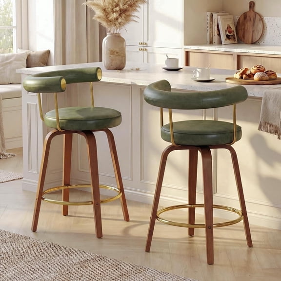 LAZZO 26" Bar Stools Set of 2, Swivel Counter Height Bar Chairs with Faux Leather Upholstery and Wooden Legs, Green