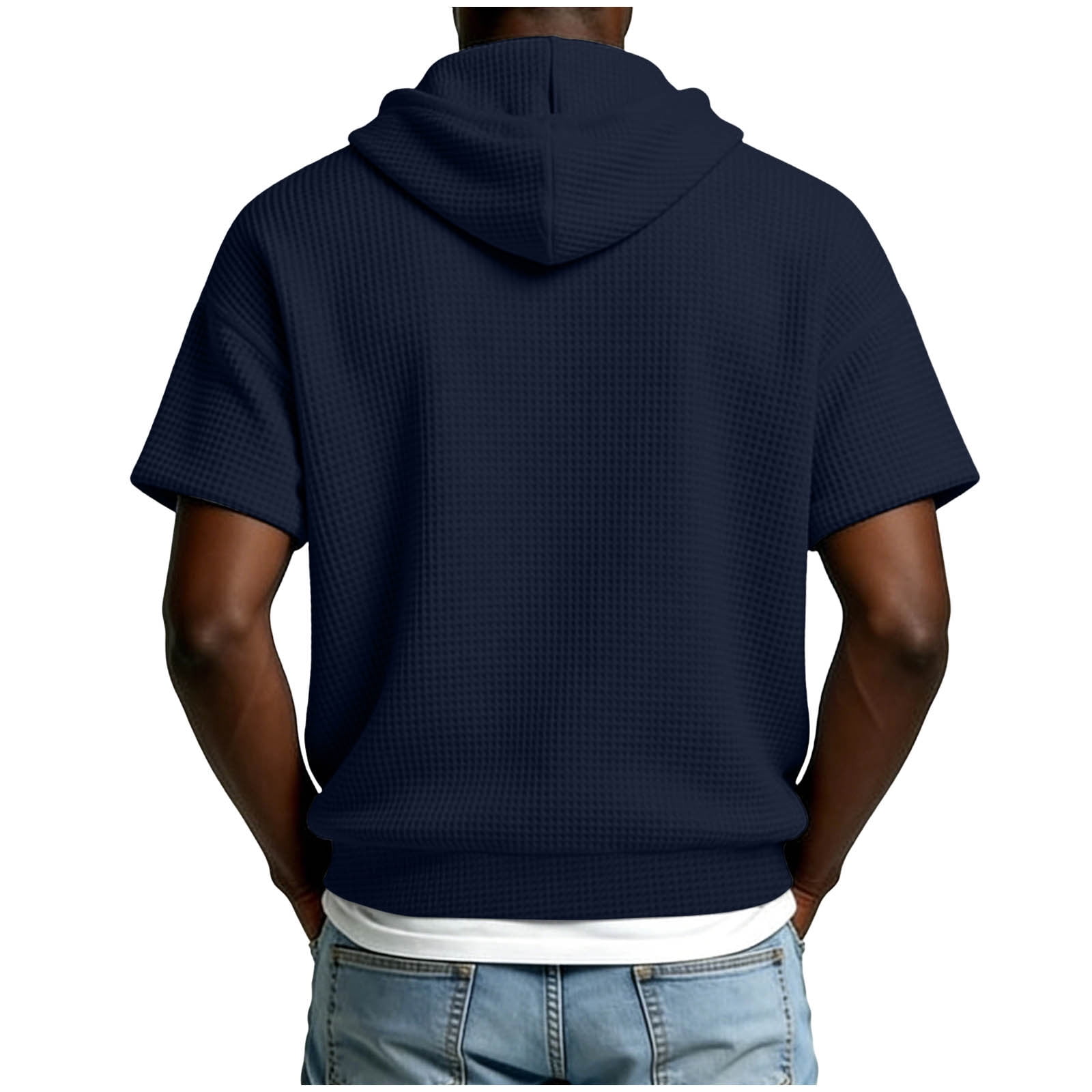 KIHOUT Men's Solid Color Waffle Texture Short Sleeve Hoodie Half