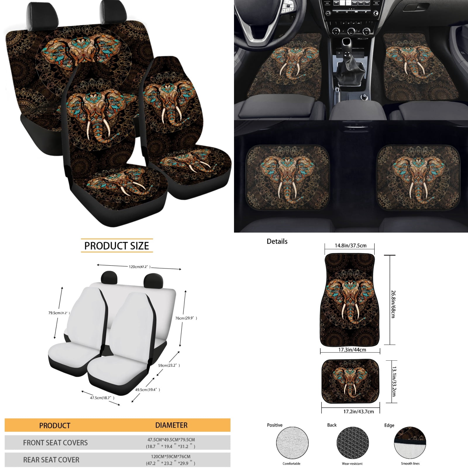 Yuyamidu 15 Pcs Boho Car Seat Cover Full Set with Car Floor Mats Elephant Steering Wheel Cover Brown Gear Shift Hand Brake Cover Seatbelt Pad Cup Coasters Interior Auto Accessory