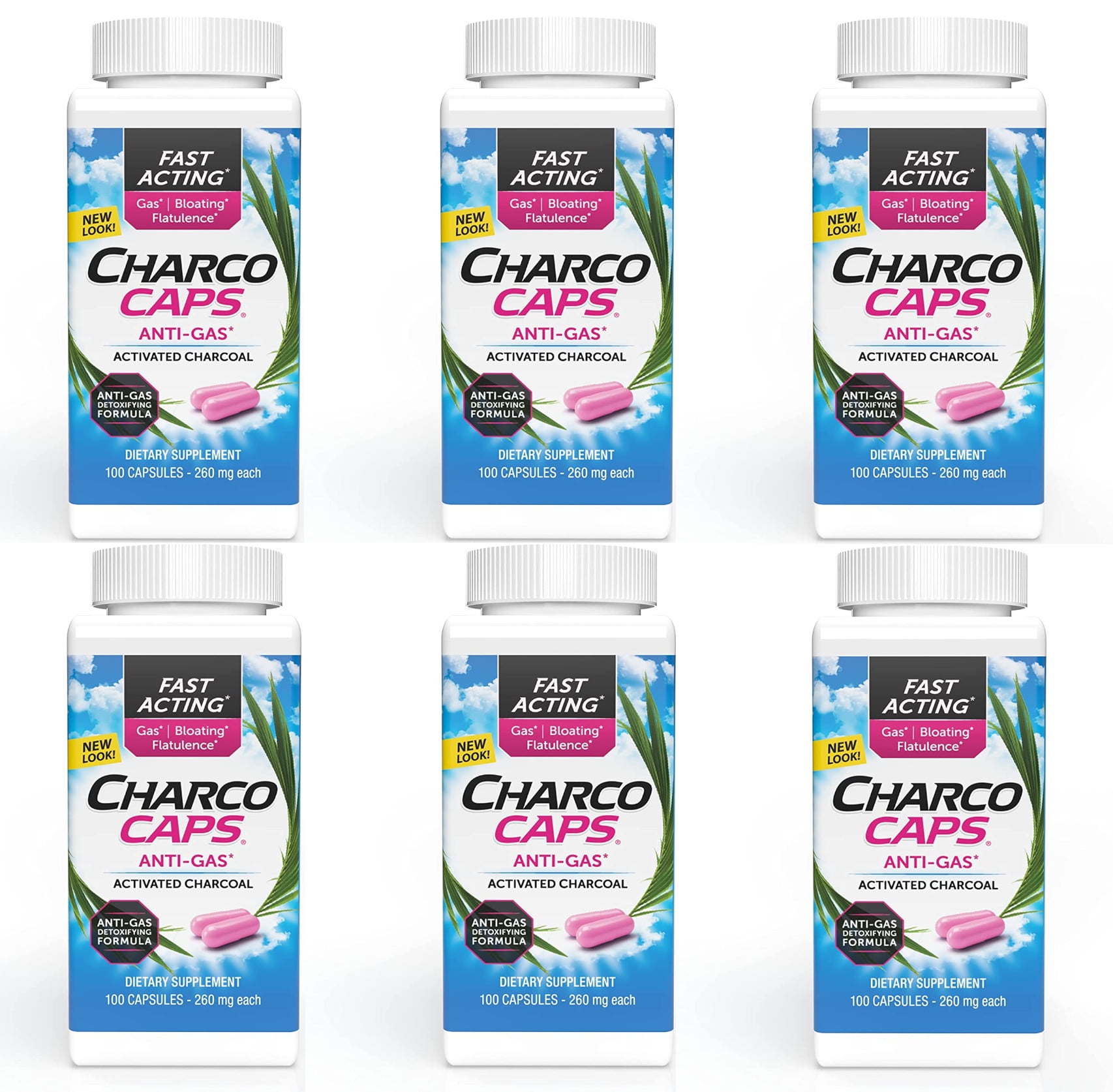 Charcocaps Dietary Supplement AntiGas Formula, 100 ct, 6 Pack