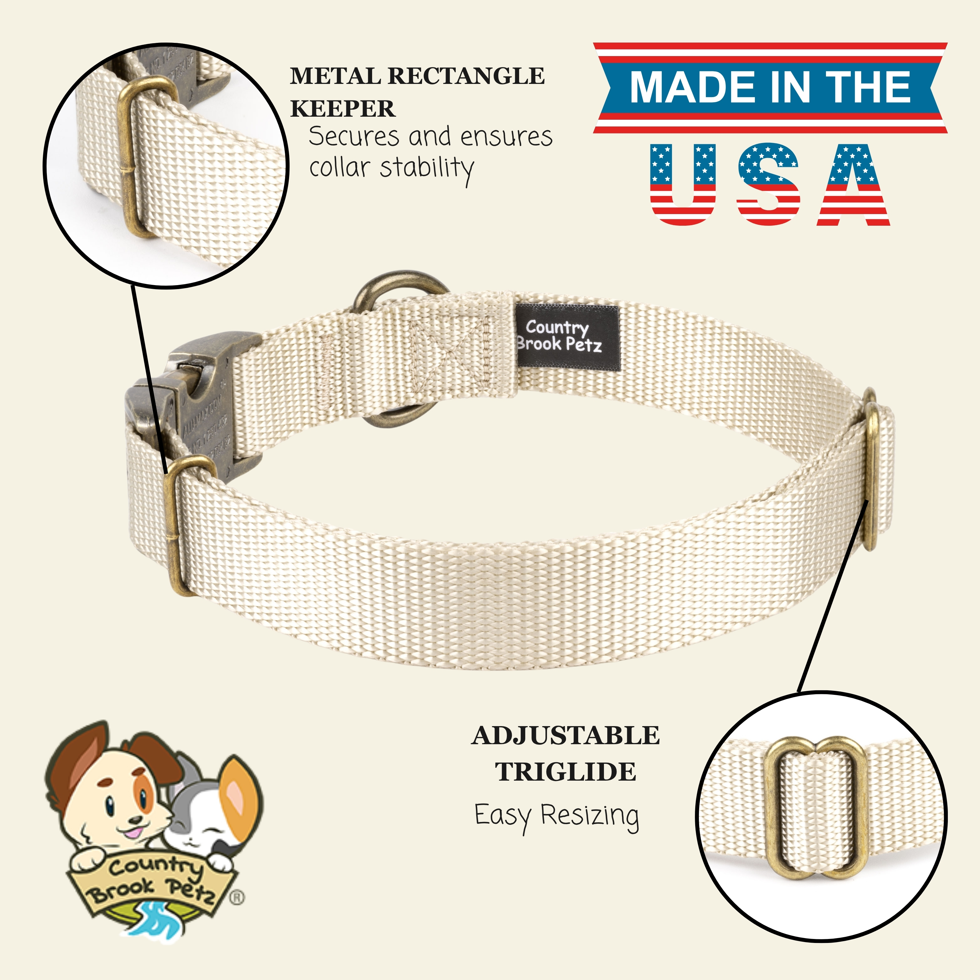 Country Brook Petz® Premium Nylon Dog Collar with Metal Buckle for Small Medium Large Breeds (Large, 1 Inch, Almond)