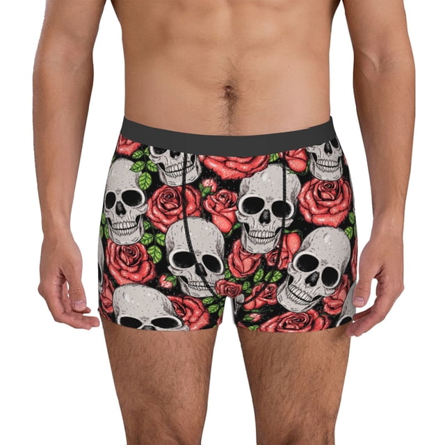 Balery Skull and Roses Calzoncillos bóxer para hombre, ropa interior de algodón suave y transpirable con cinturilla de nailon-Large