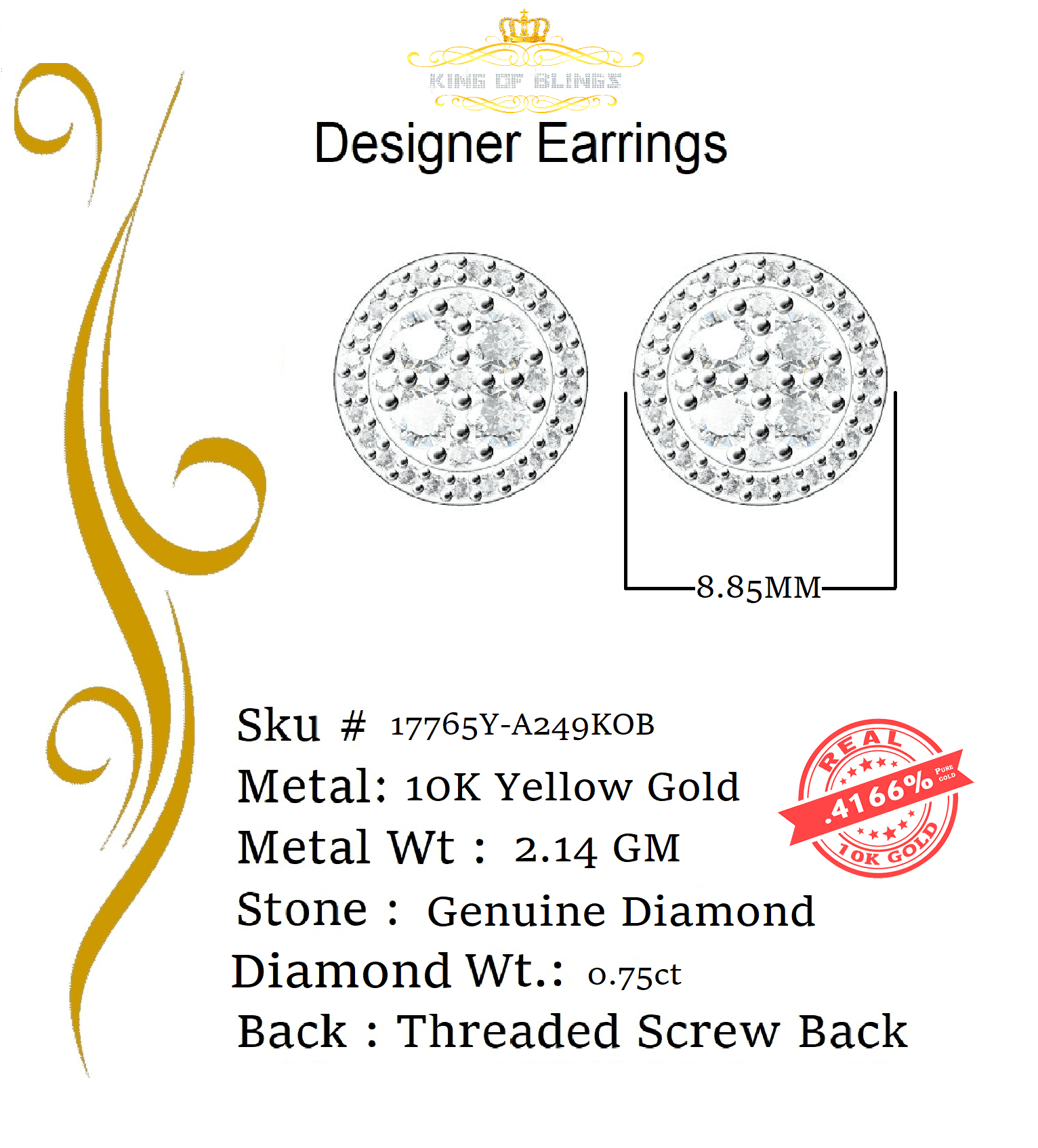 King of Bling's 10K Real Yellow Gold Real Diamond 0.75CT Men's/Women's Round-Shape Stud Earring