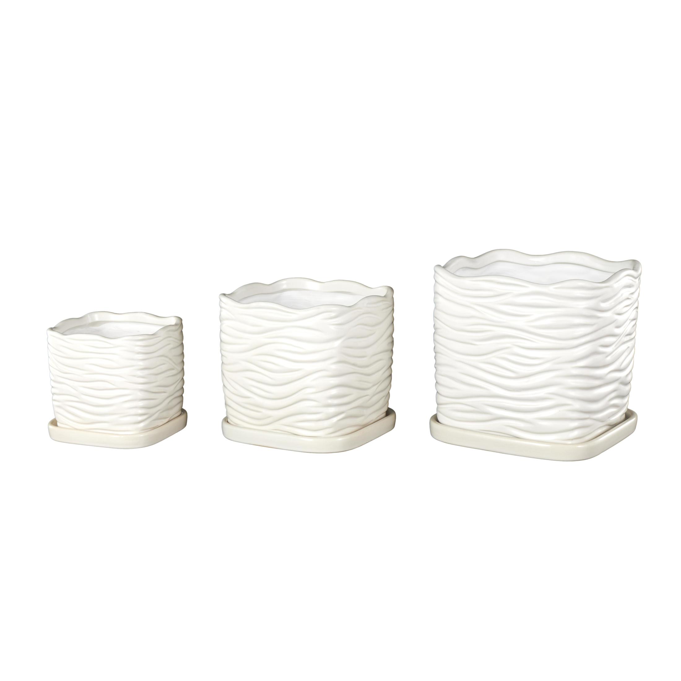 DecMode 7",6",5"H Wavy Ribbed White Ceramic Planter with Attached Saucer (3 Count)