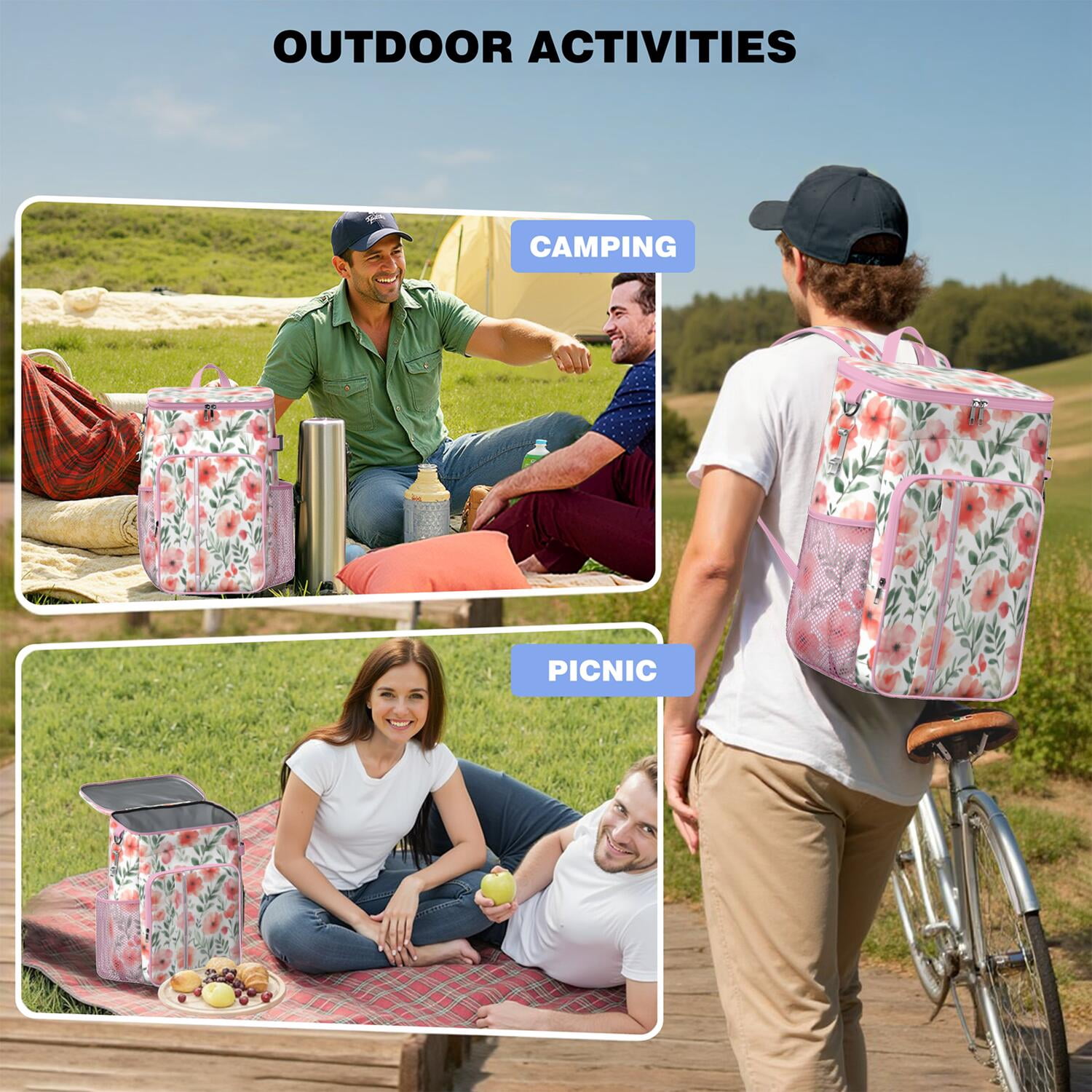 Travel Cooler Bag - Floral Pattern Camping Beer Cooler Backpack with Bottle Opener- Waterproof Insulated Picnic Backpacks - Cooler Bag for Beach