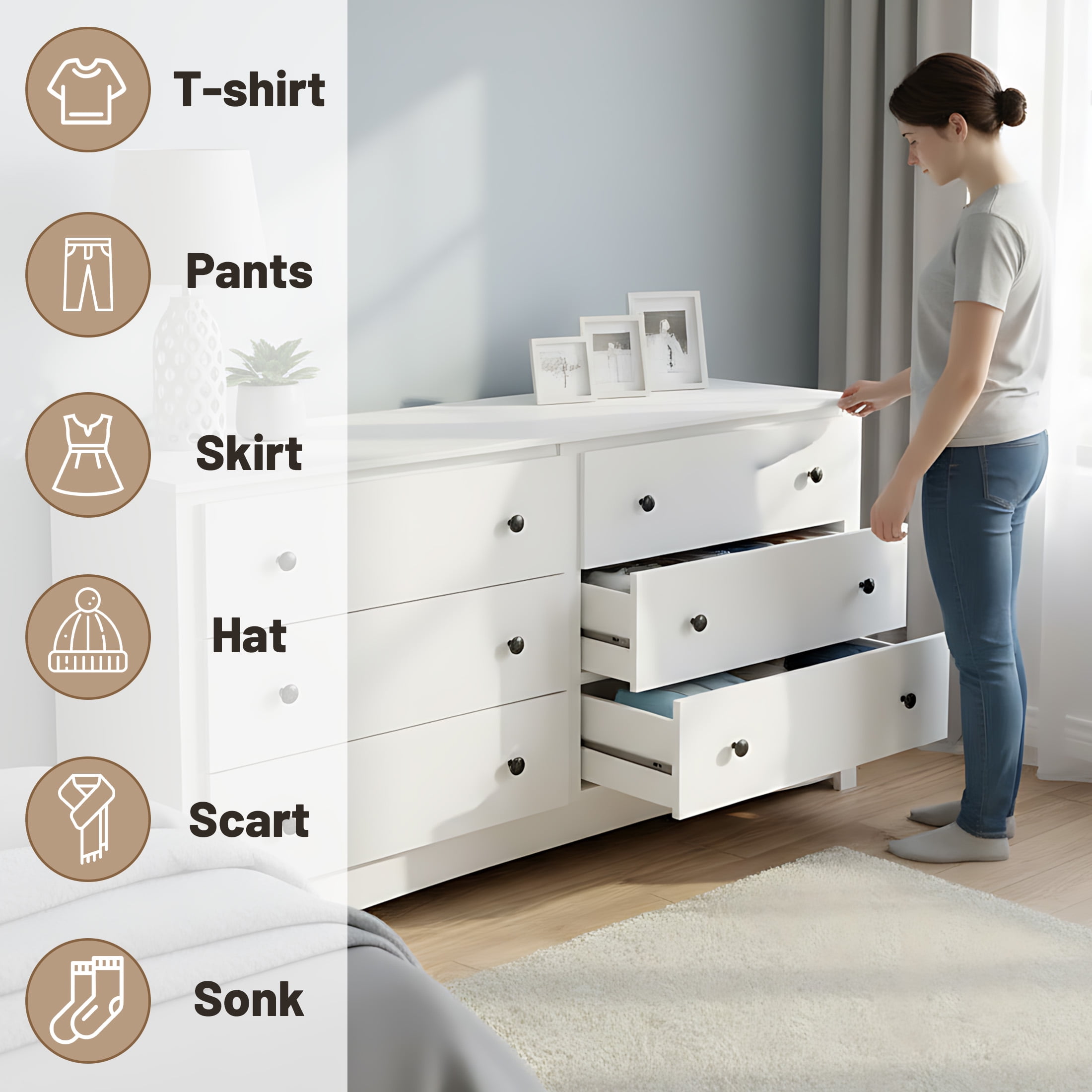 CONCETTA 6-Drawer Double Dresser for Bedroom, Wide Chest of Drawers, Bedroom Storage Furniture，White