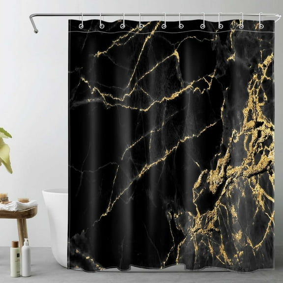 HVEST Black and Gold Marble Shower Curtain, Black Marble Textured Bathroom Curtain Modern Simple Polyester Fabric Decor Curtain with Hooks, 60X72 inch