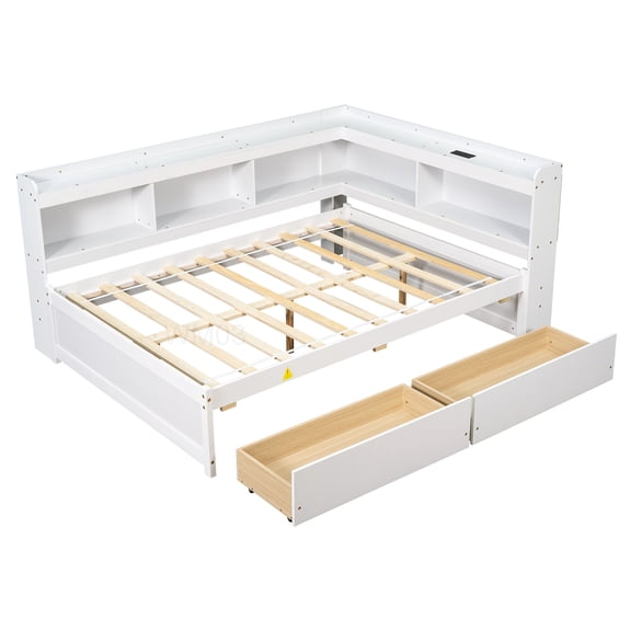 CHAMPFLAG Modern L-Shaped Platform Bed with Charging Station, 2 Drawers, White Pine Wood Frame, Full Size Storage Bed