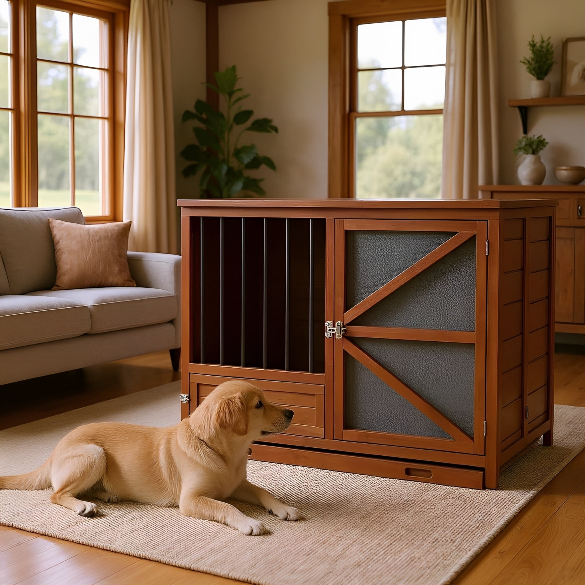 Euroco 43" Solid Wood Dog Crate Furniture, Foldable Indoor Kennel with 360° Rotating Feeder Multi-Functional End Table for Small & Medium Dogs, Portable Pet Cage with Removable Tray & Easy Assembly