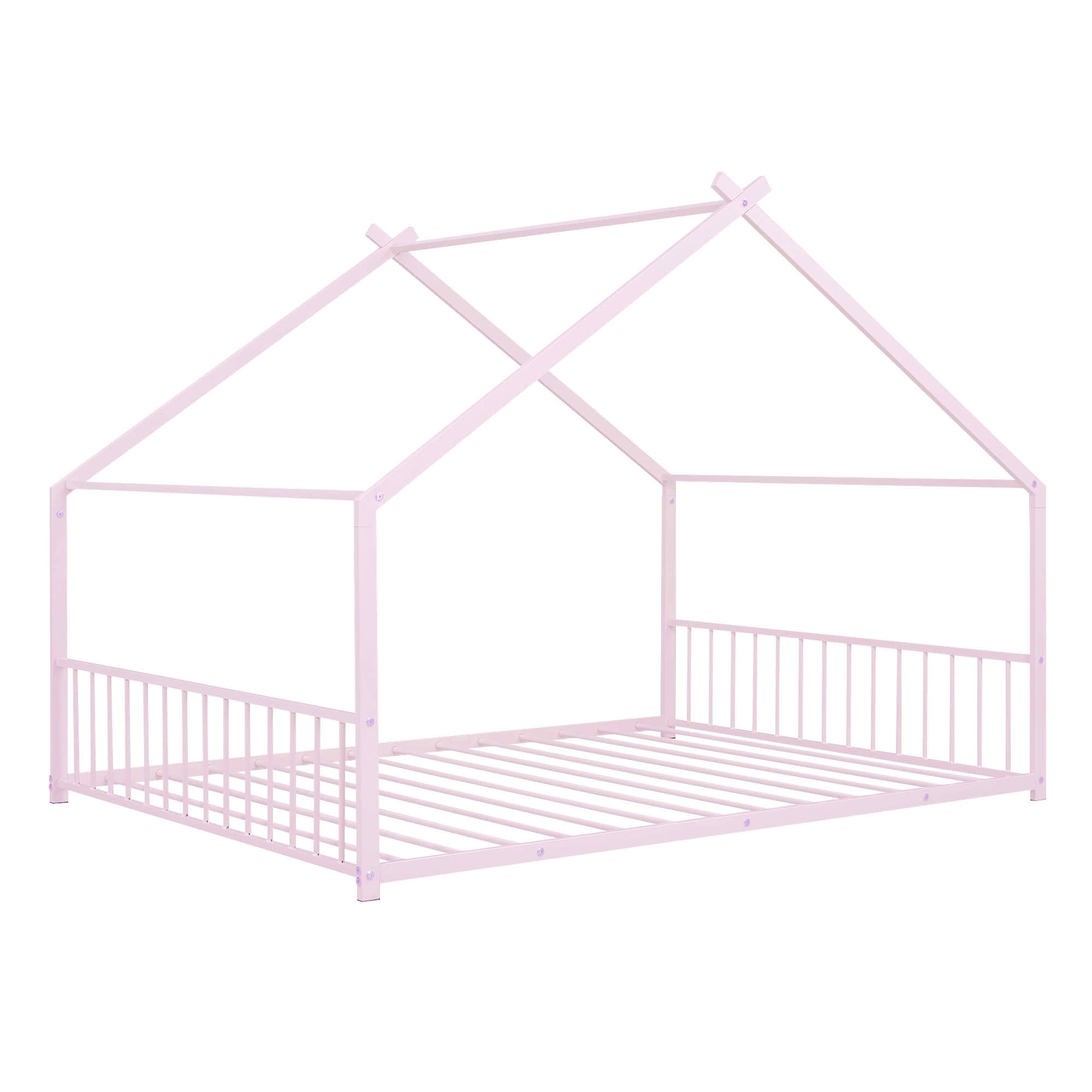 MAYEERTY Metal Kids House Bed with Roof Playhouse Design Sturdy Platform Bed with Slats Easy Assembly