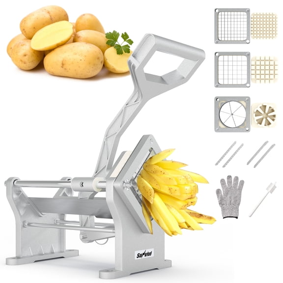Sunvivi Commercial French Fry Cutter, Heavy Duty Potato & Vegetable Slicer with 3 Blades (1/2", 3/8", 6-Wedge), Stainless Steel