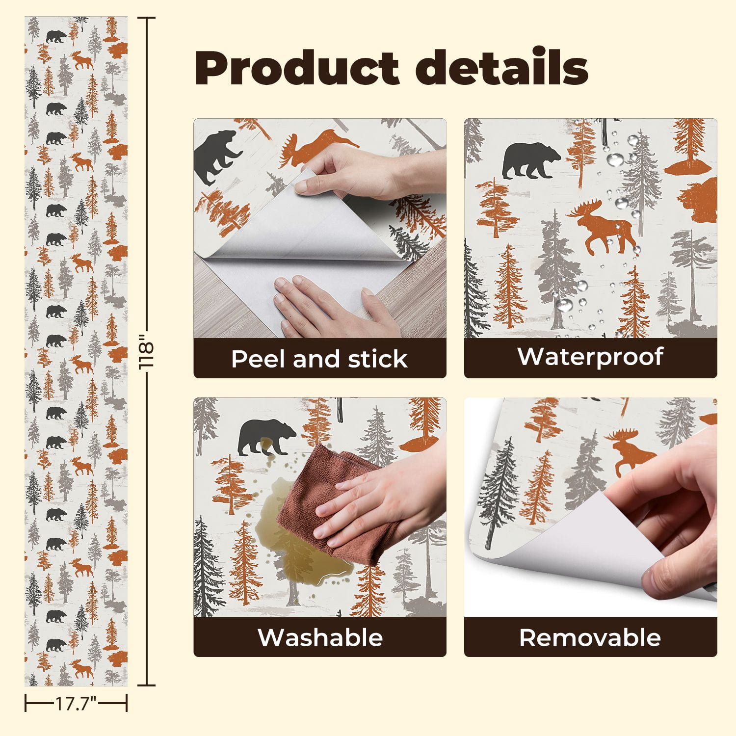 Peel and Stick Wallpaper Forest Wildlife Bear Moose Evergreen Trees Autumn Tones Wall Mural 17.7in x 9.8ft Self Adhesive Removable Wall Paper Renter Friendly Wallpaper for Nursery Bedroom Cabinets