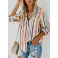 thumbnail image 4 of Borke Womens V Neck Striped Roll up Sleeve Button Down Blouses Top, 4 of 6