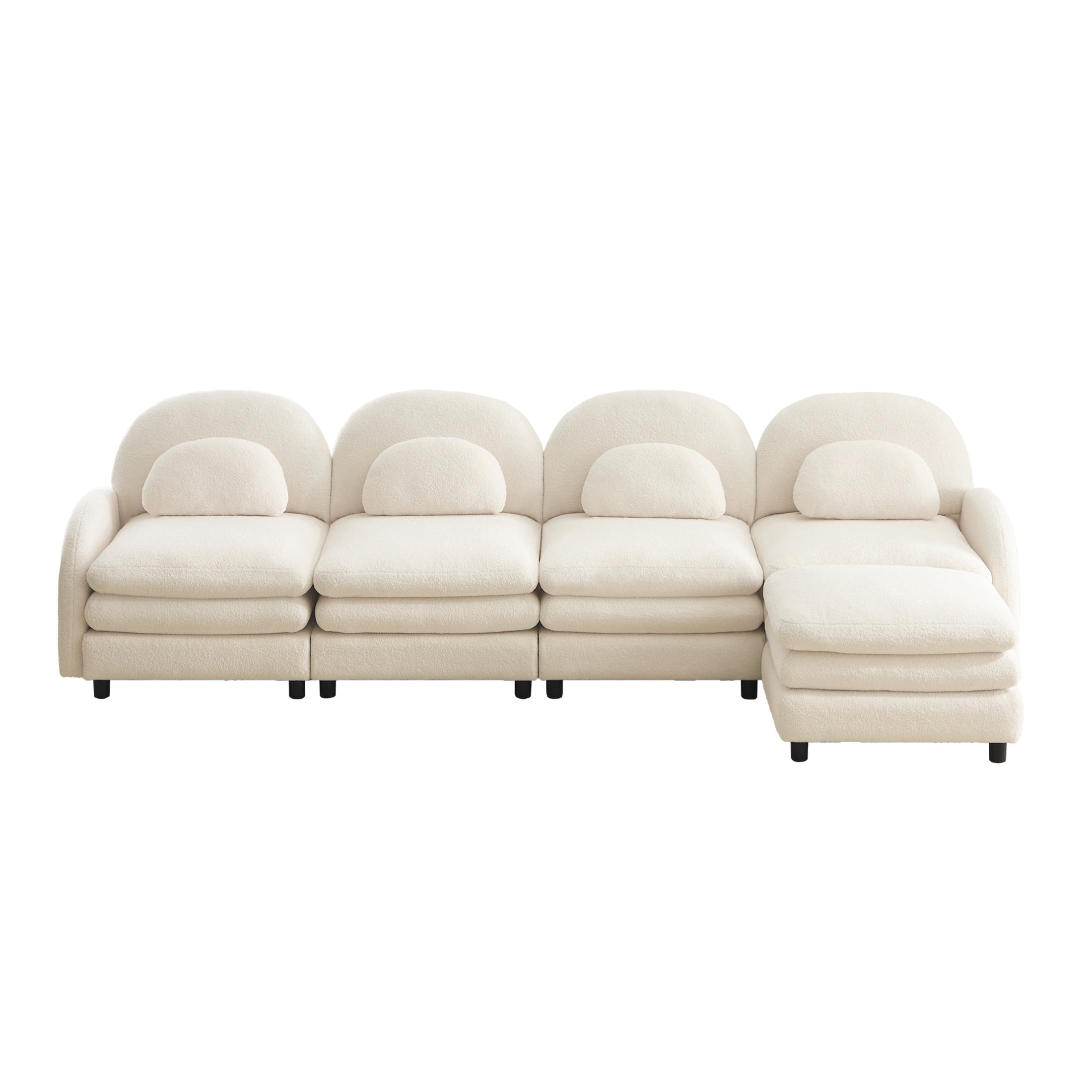 Noble House Windsor Teddy Fabric 4-Seater Sectional Sofa, Modular Cloud Couch with Ottoman and Lumbar Pillows, Beige