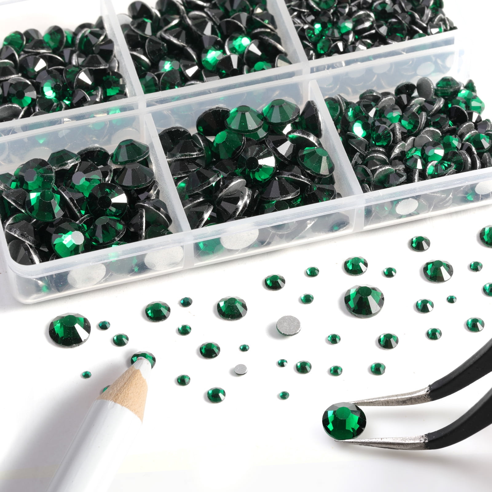 Beadsland 8300PCS Flatback Rhinestones 10 Sizes with Wax Pencil and Tweezer Kit, SS3-SS30, Emerald