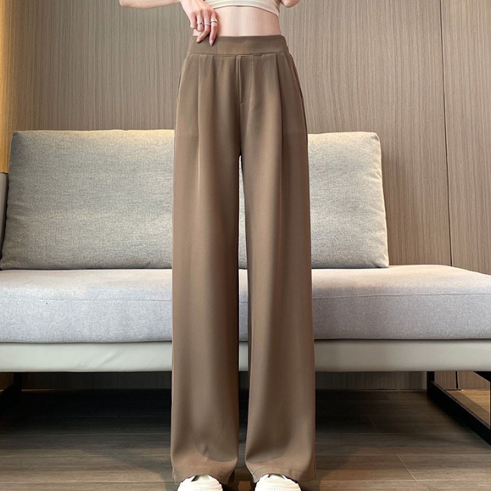 Wyongtao Dress Pants Women Women's Casual Wide Leg High Waisted Trousers  Spring and Autumn Solid Color Straight Long Pants Black XL 