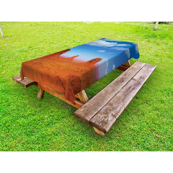 Western Outdoor Tablecloth, Monument Valley in Wild West Historical American Lands and Sky Photo Deco, Decorative Washable Fabric Picnic Tablecloth, 58 X 120 Inches, Burnt Orange Blue, by Ambesonne