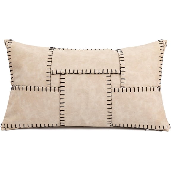 Beige Stitched Lumbar Pillow Cover – 12×20 Inch Faux Suede Cushion Case with Decorative Hand-Stitch Accents, Rectangular Throw Pillow Cover for Sofa Couch Bed, Cover Only