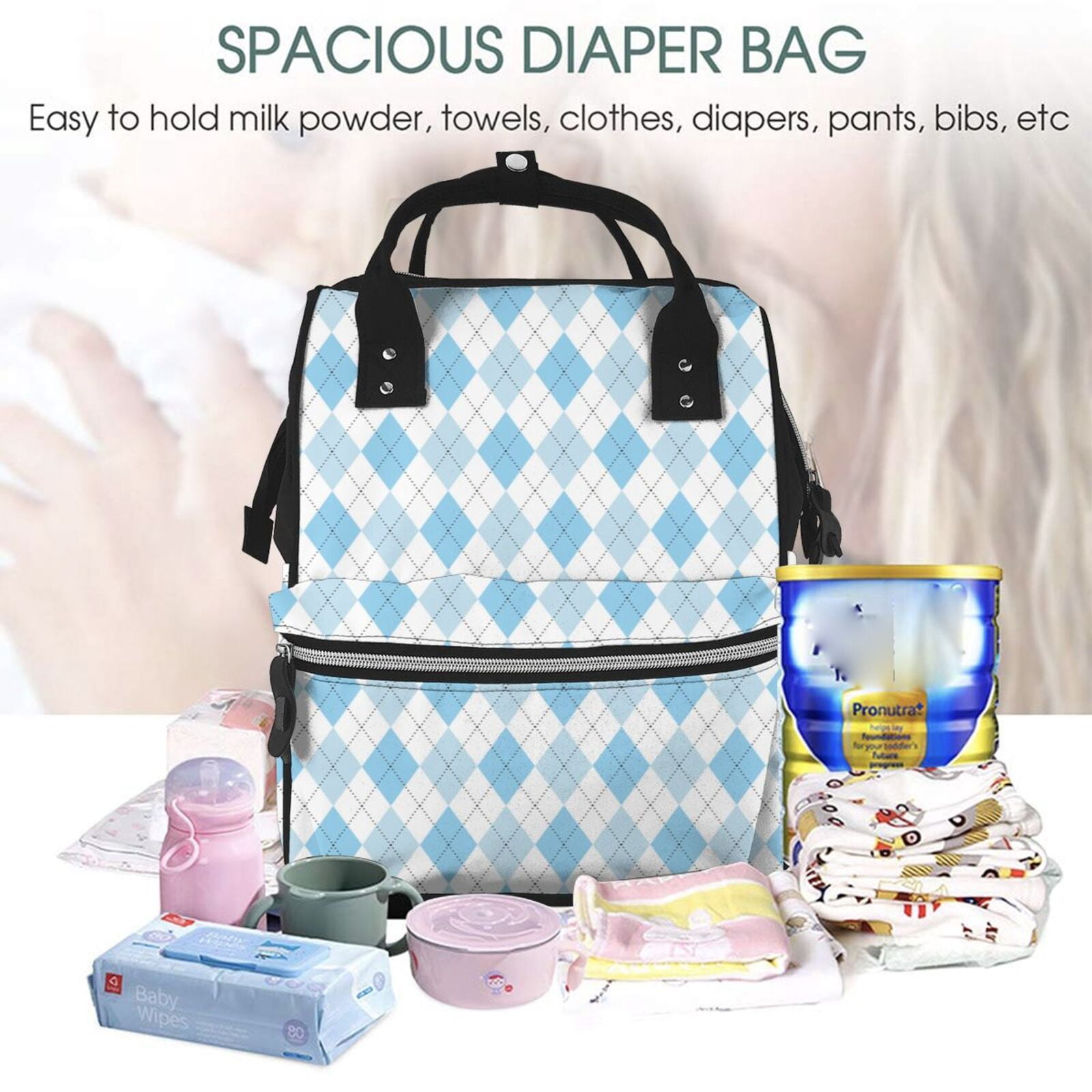 Ratiio Blue and White Squares Mummy Backpack - Waterproof Twill Canvas, Large Capacity Diaper Bag with Multiple Pockets and Adjustable Straps
