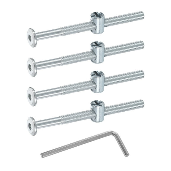 Uxcell 4 Pack Bed Frame Bolts, M6 x 80mm Hex Socket Head Screws Bolts Barrel Nuts Bunk Bed Bolts Furniture Screws with Rice-shaped Head Barrel Nut and Wrench for Chairs Cots, Silver