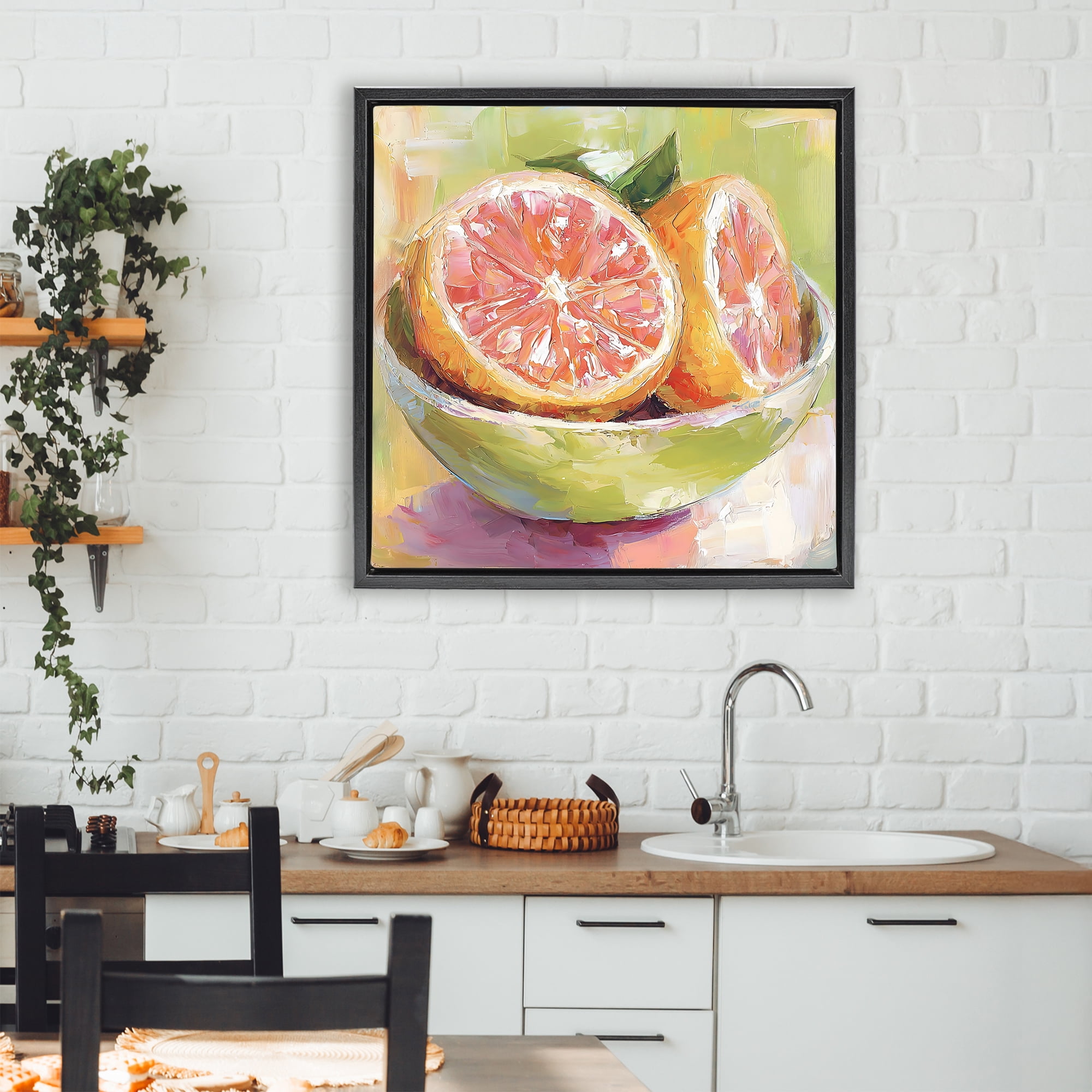 Stupell Industries Sliced Grapefruit in Bowl Black Framed Floater Canvas Wall Art, design by Riley B