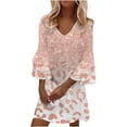 thumbnail image 2 of Usmixi Formal Dresses for Women Beach Loose Flowy Ruffle Swing Tunic Midi Dress V-Neck 3/4 Sleeve Striped Print 2023 Summer Knee-Length Dresses Pink XXXL, 2 of 7
