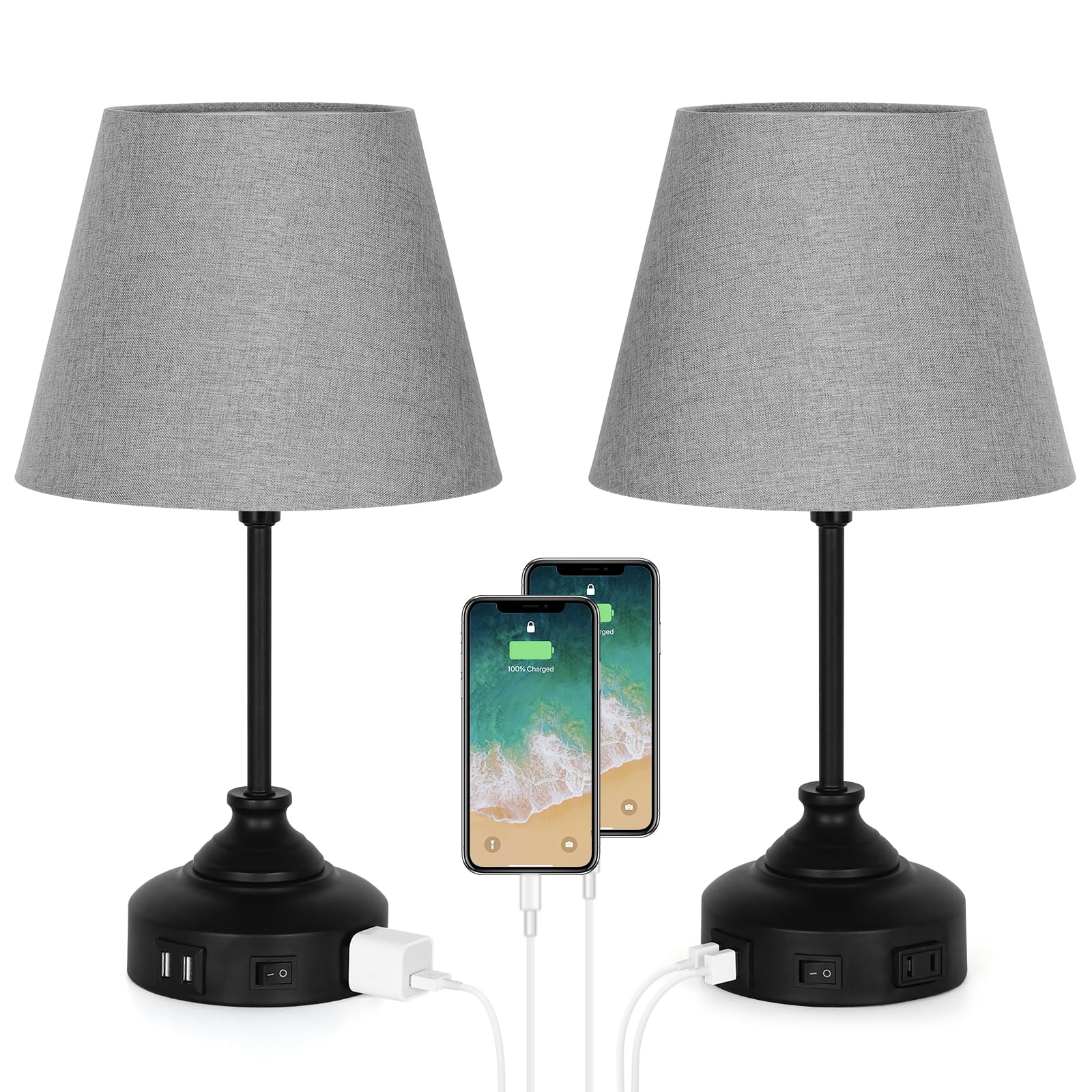 Set of 2 USB Bedside Table Lamp for Bedroom, Living Room，Grey