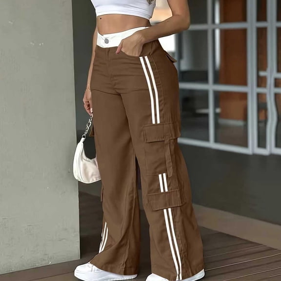 BRGZLK Women's Slacks Cargo Pants Travel Stripe Casual Loose Drape Flared Pants With Pockets Striped Drawstring Waist Sports Fitness Running